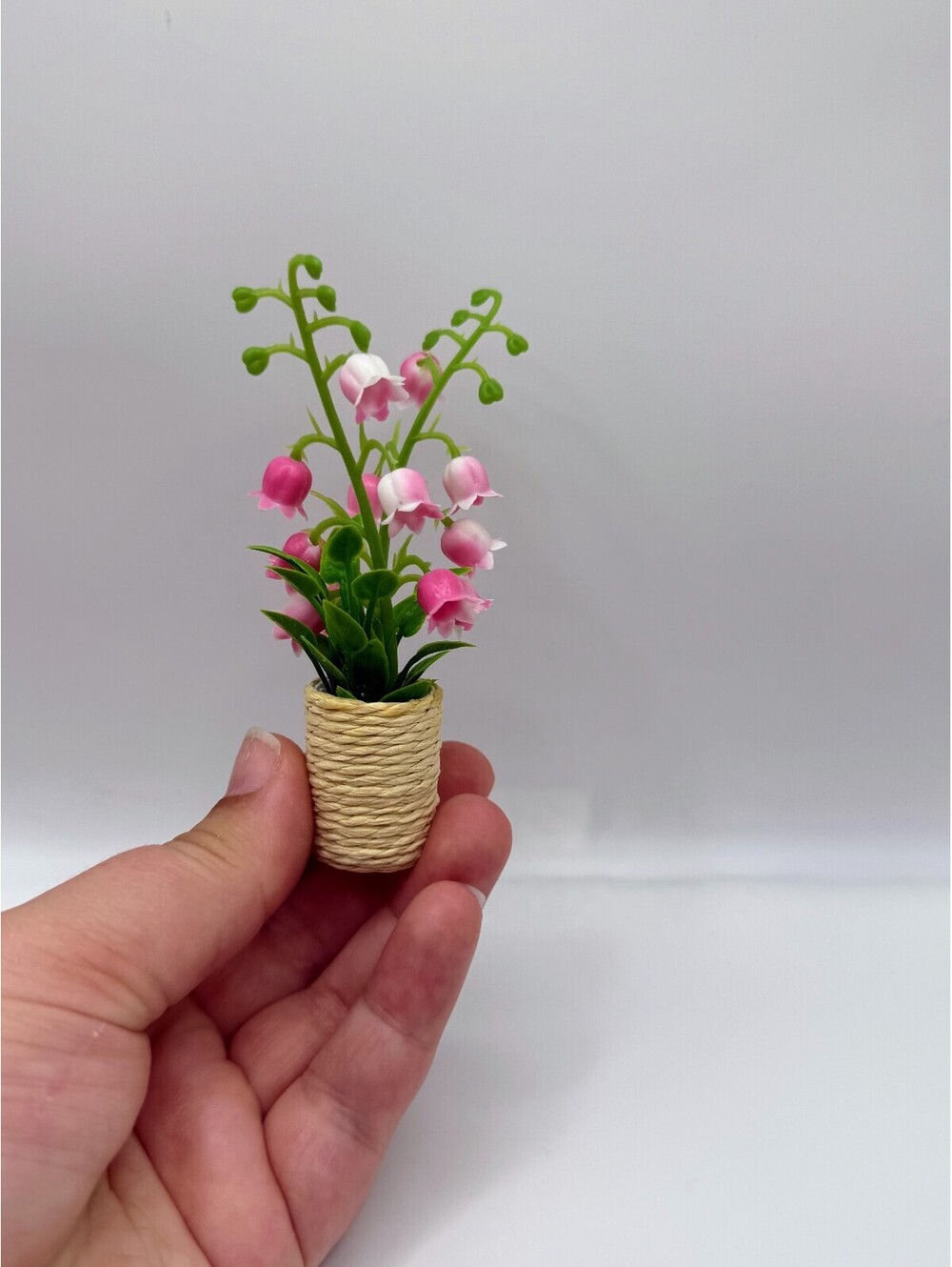 1:6 Scale Mini Potted Lily of Valley Flowers Woven Basket Dollhouse Decor, Pink